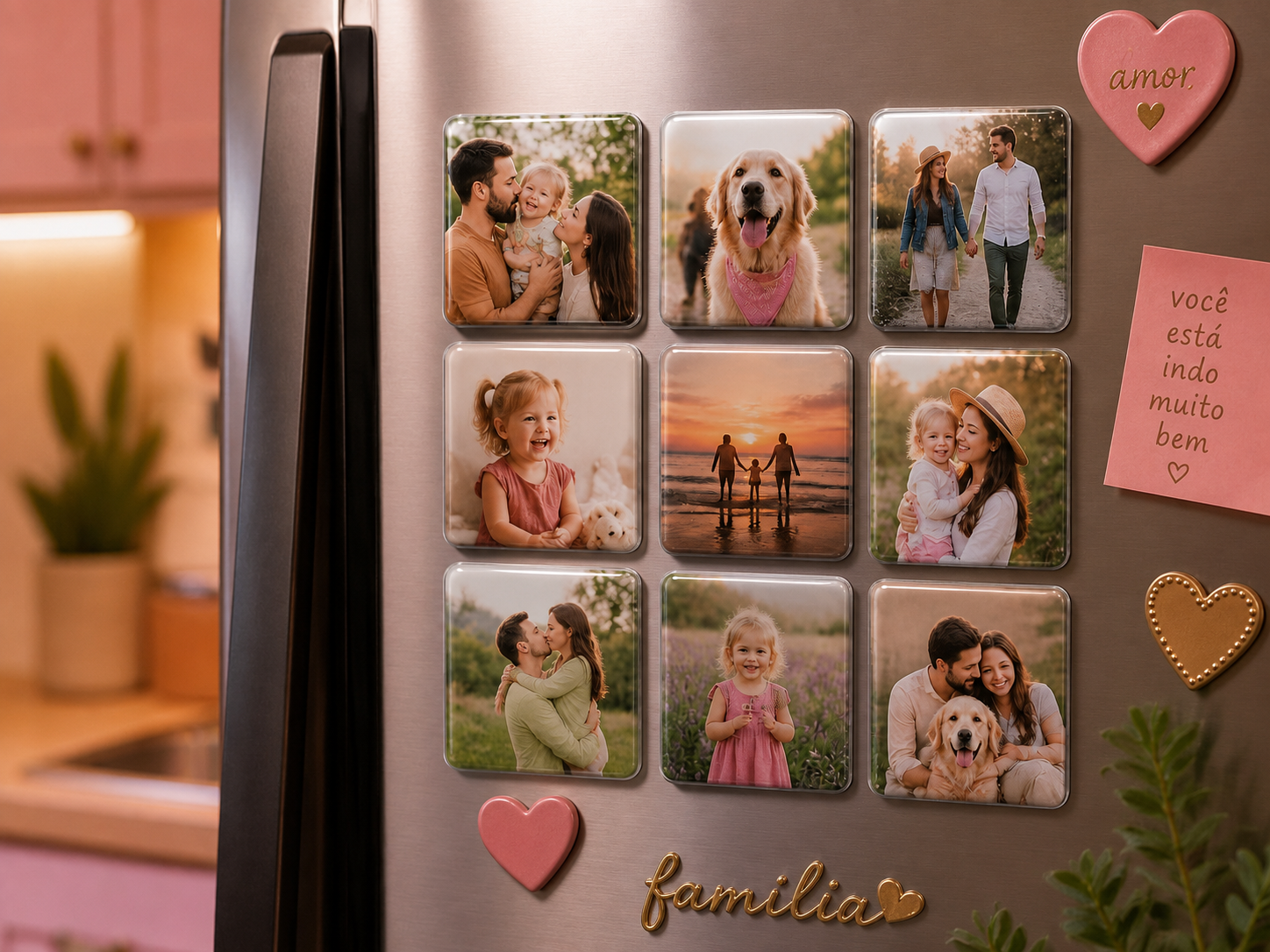 Geladeira decorada com foto ímãs de família